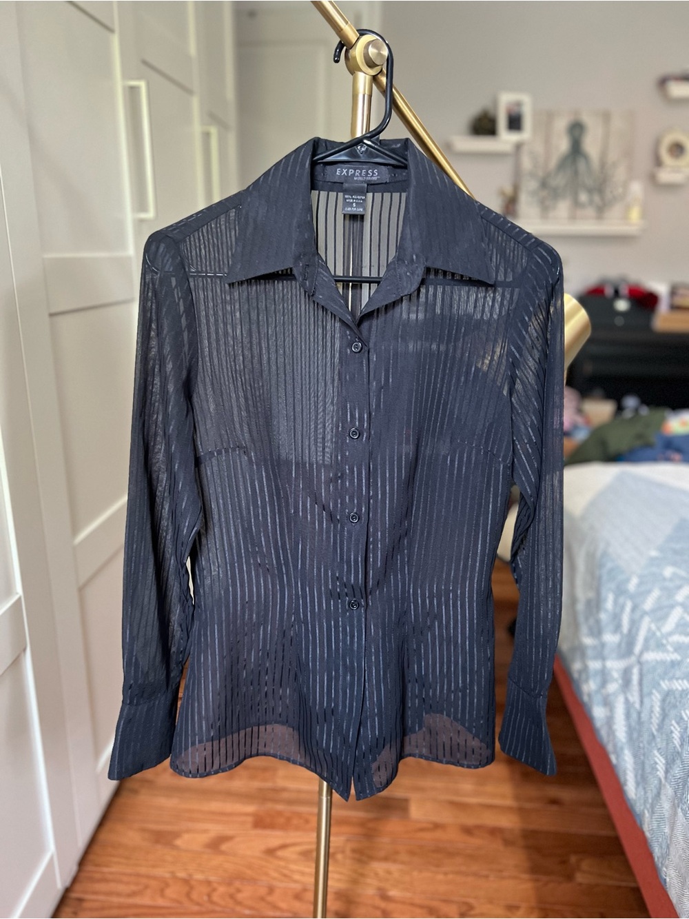 Express Black Sheer Stripe Button-Down Blouse